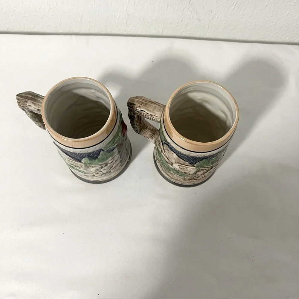 (2) Vintage German Beer Steins Made Japan Tree Handle German Artwork Excellent